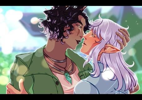 A drawing from bust up of Maeve standing over Estinien, holding his head in her hand as she leans in to kiss him. He looks incredibly flustered.